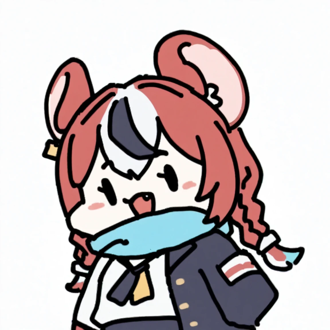 <lora:sechi:1>,1girl, animal ears, braid, blue eyes, hakos baelz,mouse ears, multicolored hair, solo, scarf, red hair, white hair, twin braids, virtual youtuber, simple background, blush stickers, white background, blue scarf, fang, black hair, masterpiece,newest,absurdres,safe,