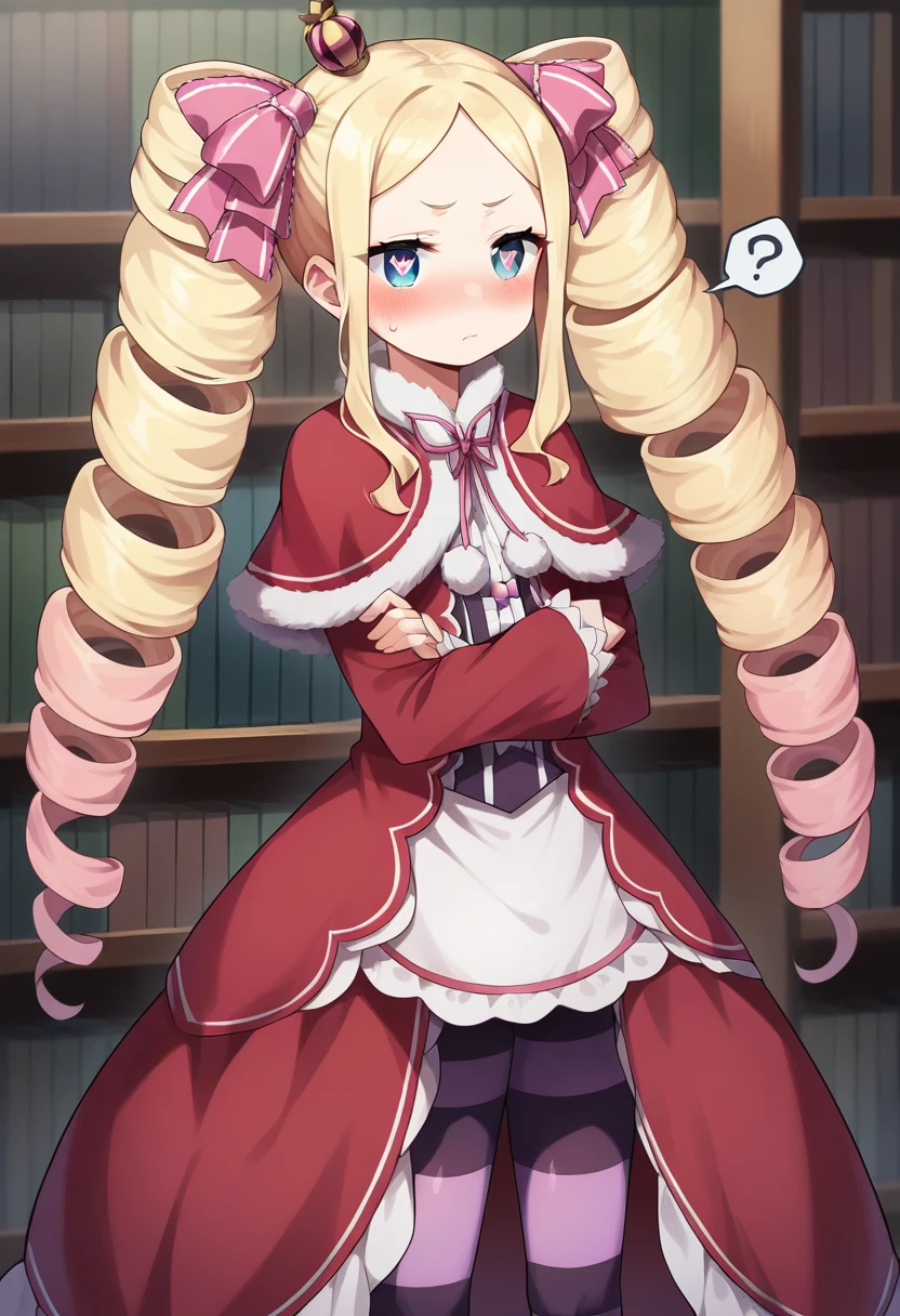 score_9, score_8_up, score_7_up, source_anime, masterpiece,1girl, beatricezero, symbol-shaped pupils, red capelet, red dress, fur trim, frills, frilled dress, frilled sleeves, pom pom \(clothes\), neck ribbon, striped pantyhose, standing, blush, confused, ?, ??, library, looking at viewer, crossed arms, <lora:BeatricePONYct:0.8>
