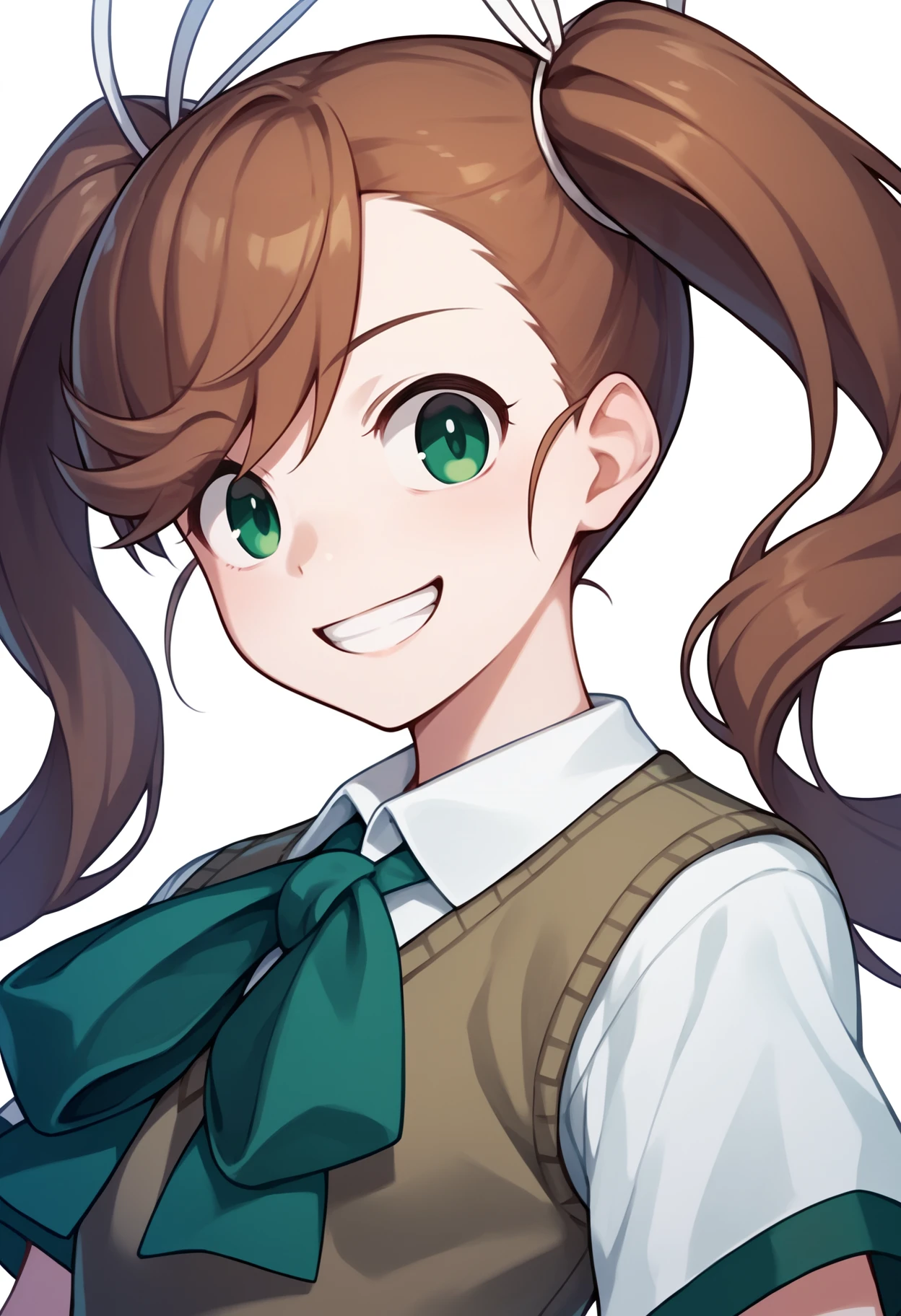 score_9, score_8_up, score_7_up, score_6_up, score_5_up, score_4_up, BREAK, source_anime,
1girl, nanase, brown hair, twintails, hair ribbon, long hair, green eyes,
bow, green pleated skirt, school uniform, sweater vest,
upper body, smile, grin, looking at viewer, solo, simple background, white background <lora:NanaseXL:1>