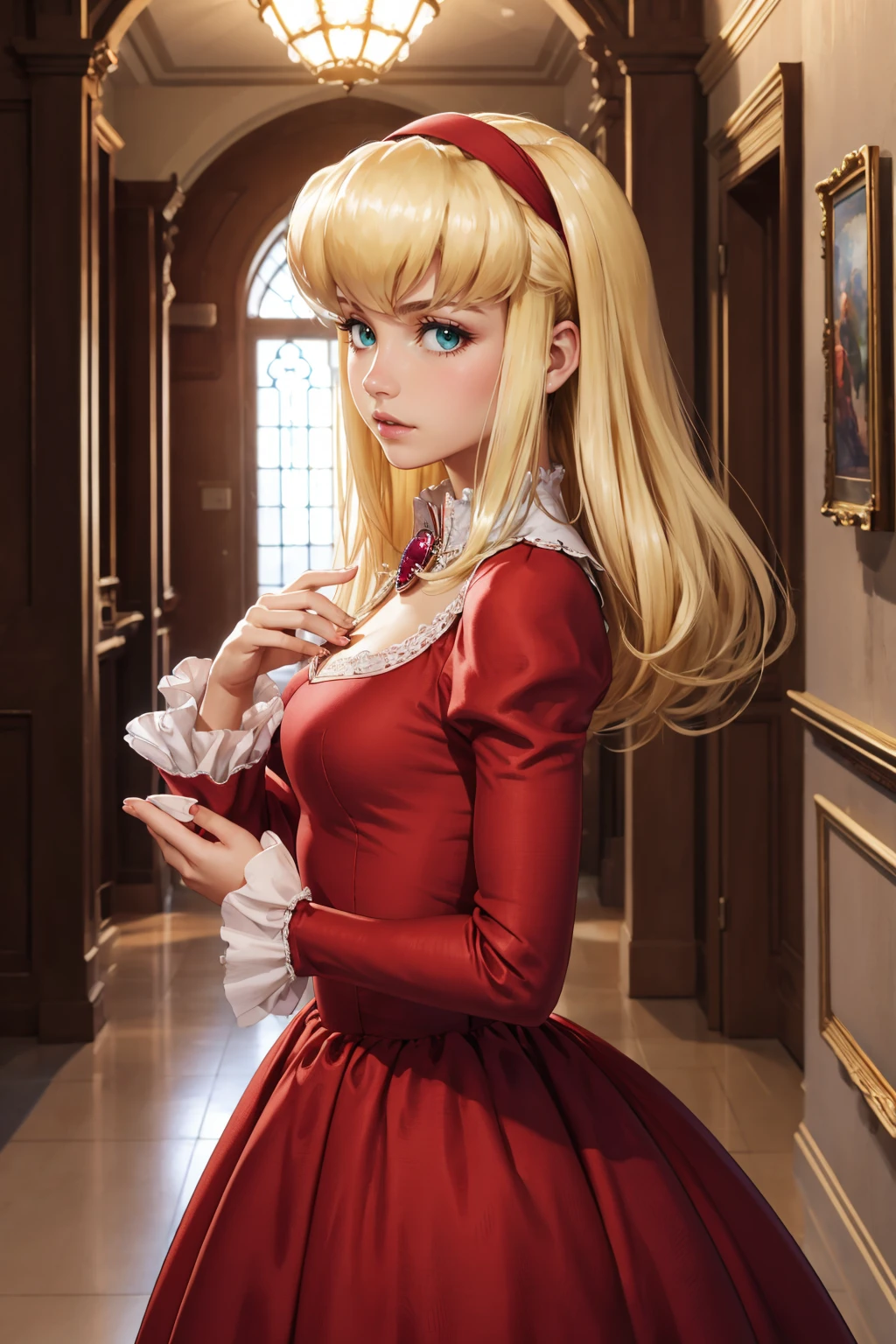 masterpiece, best quality, 1girl, <lora:alexia-nvwls-v1-000009:0.8> defAlexia, red hairband, brooch, red ballgown, puffy sleeves, frilled sleeves, from side, hand on own chest, hallway, medieval, indoors, castle