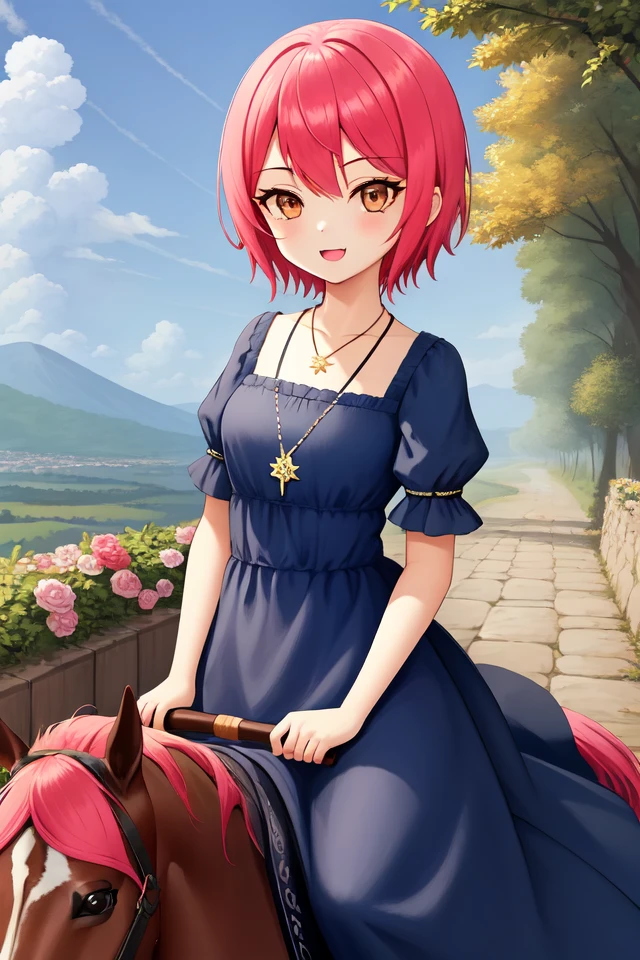 1 girl, outdoors, riding horse,
 <lora:Harvest_Moon_Hero_of_Leaf_Valley_-_Aurelia:0.4> holvaurelia, pink hair, short hair, brown eyes,
shirt under dress, pendant, long dress, blue dress,