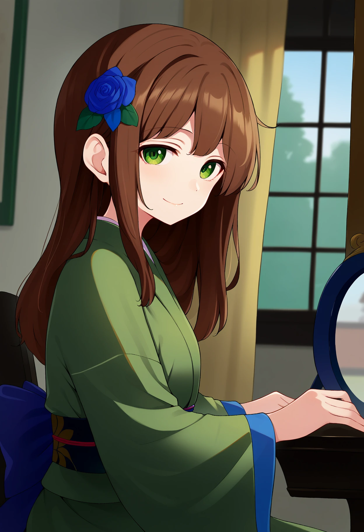 score_9, uncensored, source_anime
BREAK
1girl, solo, long hair, looking at viewer, smile, brown hair, long sleeves, hair ornament, bow, closed mouth, sitting, green eyes, upper body, flower, hair bow, japanese clothes, indoors, hair flower, kimono, blurry, from side, window, dutch angle, chair, curtains, blue flower, green kimono, picture frame
<lora:kanpa_pony_v1:1>