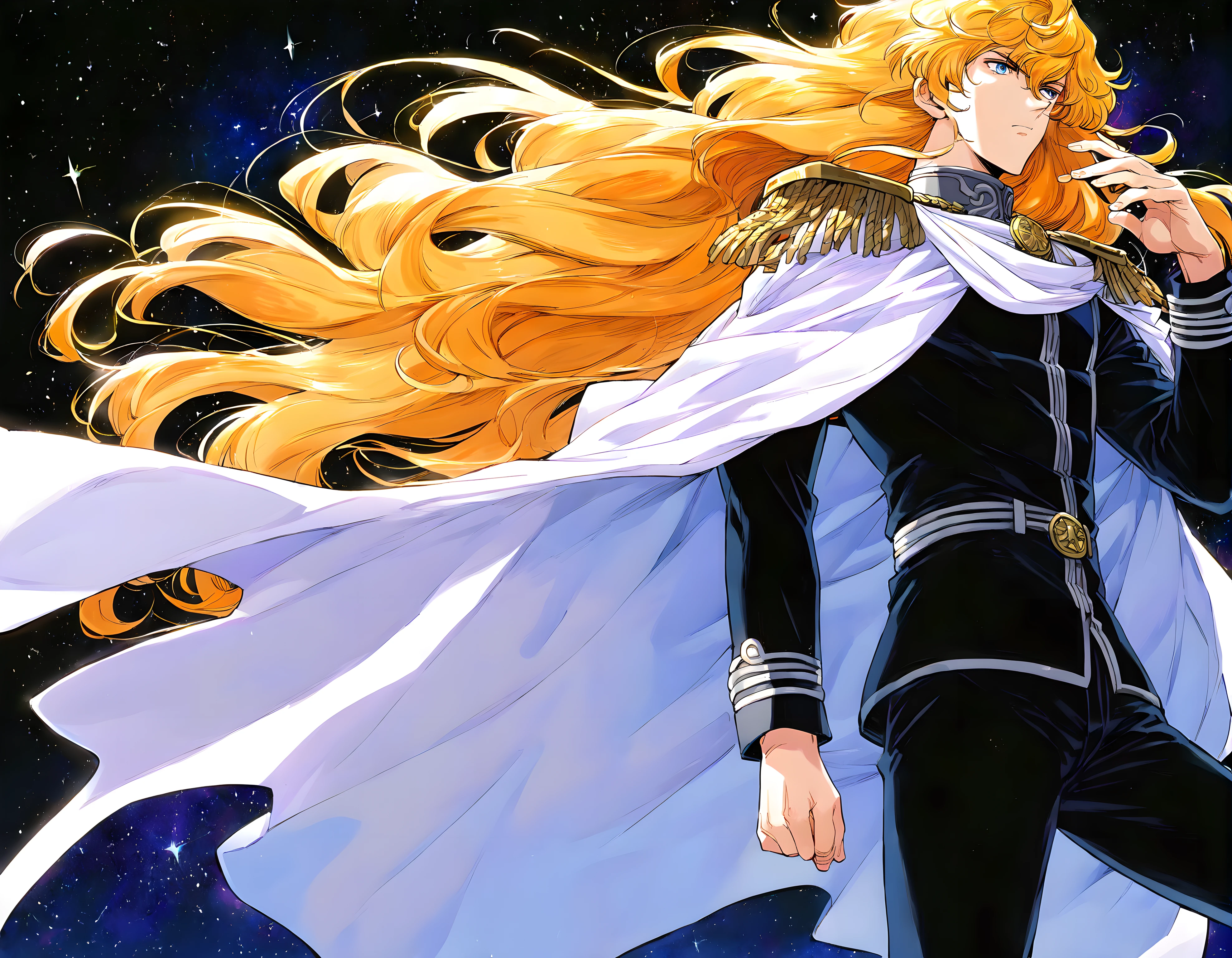 <lora:pony_xl_Reinhard:0.8>,Reinhard,score_9,score_8_up,male,1boy,long hair,male focus,star \(sky\),uniform,white cape,cape,epaulettes,hyper_galaxy,military,military uniform,military clothing trousers,shaded_face,standing,stars,starry_background,black_background,cowboy_shot,from_side,no ground,
