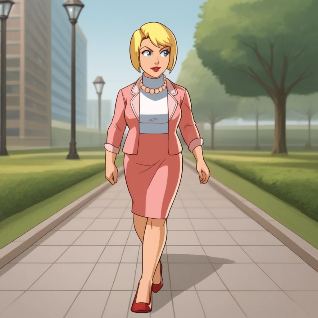 score_8_up, BREAK, PrincipalShields, 1girl, solo, blonde hair, short hair, blue eyes, lipstick, pearl necklace, white turtleneck, pink suit, formal, pencil skirt, <lora:PrincipalShields_SpieZ_PXL_Leaf1:0.8>, walking, park, outdoors, blurry background,