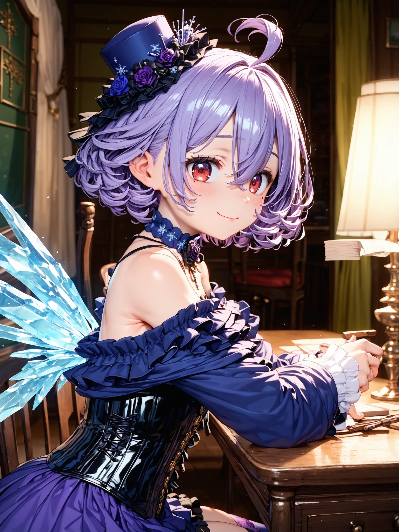 (score_9,score_8_up,score_7_up,score_6_up,score_5_up,score_4_up),
one girl,solo,high stature,Early twenties,((red eyes,purple hair,mole under eye)),drooping eyes,((midium short hair,hair between eyes)),muscle girl,(large thighs),flat chest,(ahoge,tareme),muscular,
((violet tailcoat,long sleeves,corset,purple skirt)),(purple mini silk hat),off_shoulder,violet stripe stockings,purple dog collars,mephistopheles the Fallen Angel,(purple ice wings),
(faint smile,blush),high resolution,looking at viewer,((from side,realistic,snowflakes,desk,chair)),
victorian era,(night,ice living room,switzerland alps),sense of depth,4k,absurdres,dynamic angle,best quality,masterpiece,Detailed illustration,Destructive art,opulent,
insanely detailed,ultra-highres, ultra-detailed,ultra detailed eyes,(Ray Tracing,Illustrated,Reflected Light),