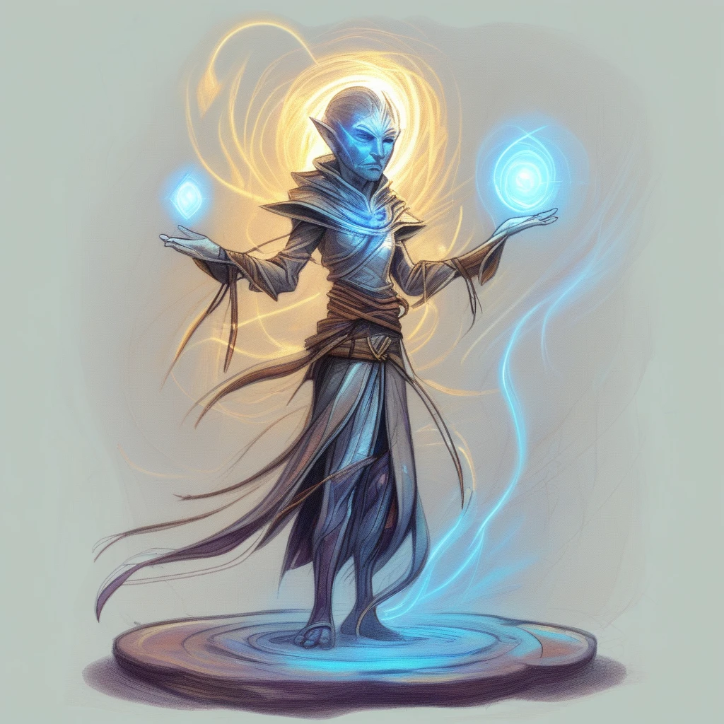 illustration, sketch, character concept, abjurer, magic user, auras of protection and reflection