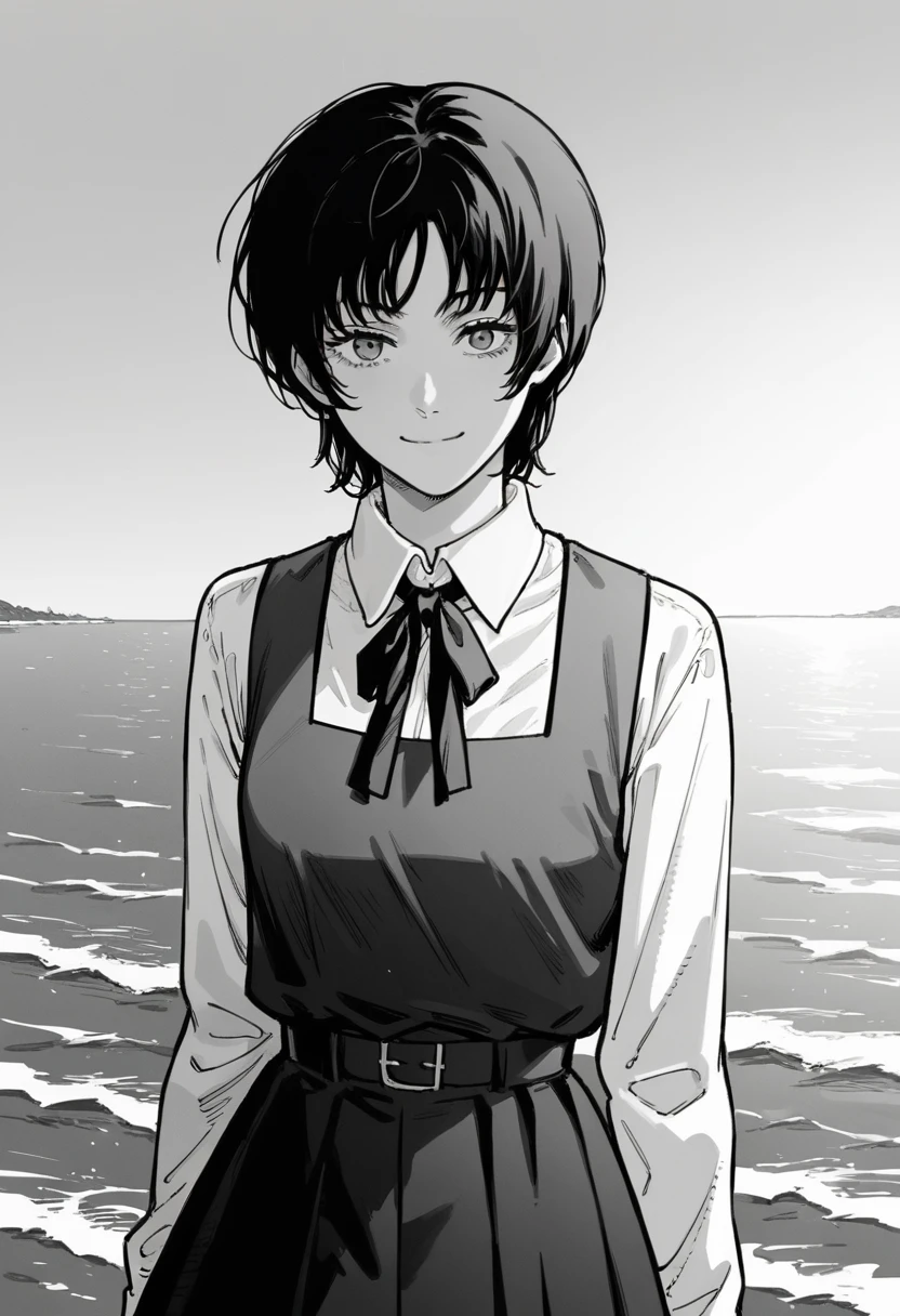 score_9, score_8_up, score_7_up, sayonara_eri, short hair, black pinafore dres, black ribbon, manga style, <lora:Eri_Pony:0.7>, smile, sunset, sea, monochrome, bw