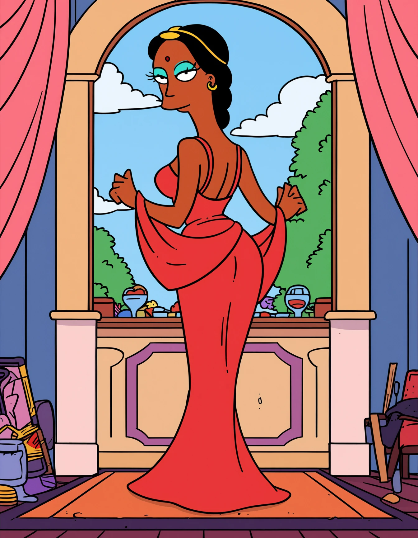 score_9, score_8_up, score_7_up, score_6_up, score_5_up, score_4_up,  
source: illustration,Manjula,Simpsons, expressive, full body,seductive, beautiful,wearing a red indian dress, pretty,at a luxury hotel,inside, from behind, ass focus, black hair,brown fur, highly detailed, intricate details, digital art, perfect anatomy, perfect proportions, 4k, (dynamic pose:1.25),