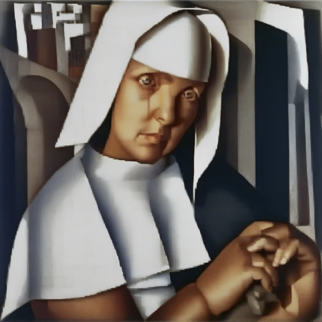 One of the most famous portraits made by Tamara de Lempicka was her painting of Suzy Solidor, This image depicts a stylized portrait of a woman with striking features. The woman has an elongated face, capturing the softness of skin and the play of light and shadow across the figure's form. The overall mood of the painting is one of intimacy and quiet sensuality.​​​​​​​​​​​​​​​​, during which she met this elderly nun she described as "on her face was the suffering of the world, with the woman's expression appearing distant or lost in thought. The contrast between her delicate figure and the hard urban landscape behind her creates an intriguing visual tension. The artwork appears to be a figurative painting executed with skilled brushwork and a muted color palette.​​​​​​​​​​​​​​​​