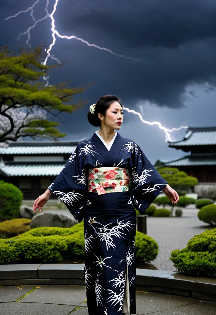 Kimono, Japanese garden, Pro 160NS, cultural exploration, lightning storm, wind blown, dramatic dark background