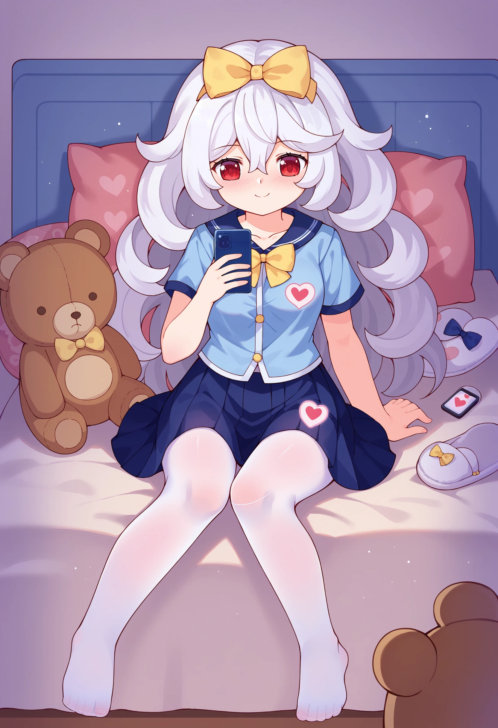 score_9, uncensored, source_anime
BREAK
1girl, animal ears, bed, big hair, blue bow, blue shirt, blue skirt, blush, bow, bowtie, cellphone, closed mouth, collarbone, curly hair, feet, floral print, hair between eyes, hair bow, heart, heart print, holding, holding phone, indoors, long hair, no shoes, on bed, pantyhose, phone, pillow, pleated skirt, print bow, print pillow, red eyes, shirt, short sleeves, sitting, skirt, slippers, medium breasts, smartphone, smile, soles, solo, stuffed animal, stuffed rabbit, stuffed toy, tail, teddy bear, very long hair, white pantyhose, yellow bow, yellow bowtie
<lora:tsubasa_x2_pony_v2:1>