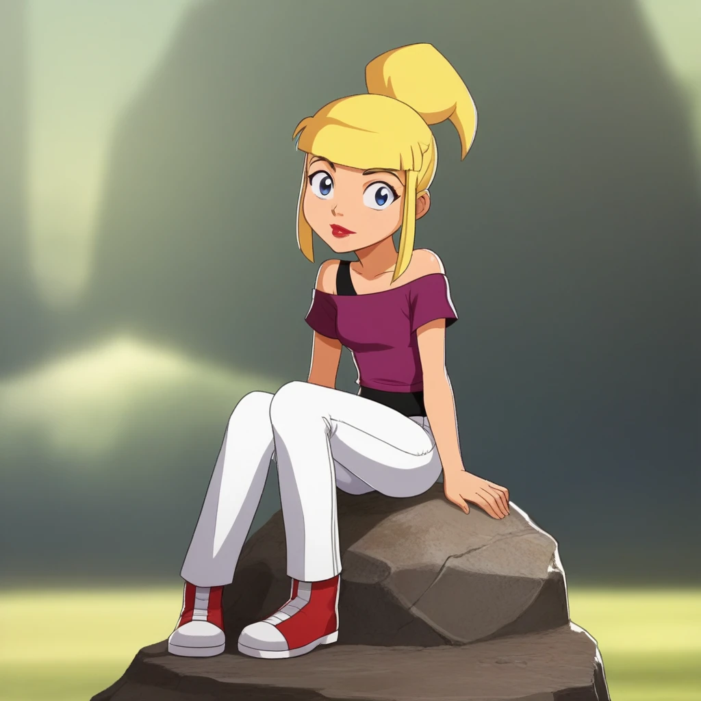 score_7_up, BREAK, 1girl, solo, Tami, blonde hair, high ponytail, blue eyes, lipstick, shirt, off shoulders, white pants, <lora:Tami_SpieZ_PXL_Leaf1:1>,  sitting on rock, blurry background, red footwear,