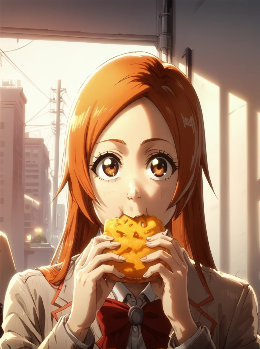 score_9, score_8_up, score_7_up, ,source_anime,BREAK,overalldetail,eyedetail,detailed face, BleachTYBW,orihime,score_9,, 1girl, eating, food, solo, school uniform, bow, orange hair, brown eyes, long hair, long and slim cheese, jacket, holding, bowtie, looking at viewer,sunset ligths,natural lights,shadows <lora:bleach_tybw_pony:0.8>
 <lora:SinCityStylePony:0.8>,sincitystyle,