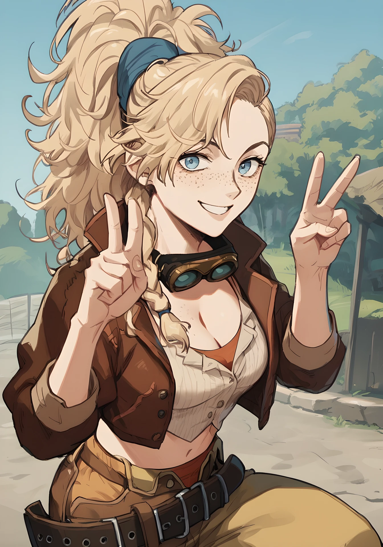 score_9, score_8_up, score_7_up, score_6_up, score_5_up, score_4_up, BREAK source_anime
1girl, solo, mhwgemma, freckles,
 cowboy shot, anime screencap,
messy long hair, blonde hair, braid, looking at viewer, smile, v, peace_sign, 
brown jacket, ponytail, blue eyes, cleavage, goggles around neck, biege crop top, 
outdoors background,
 <lora:corneo_mhw_gemma:1>