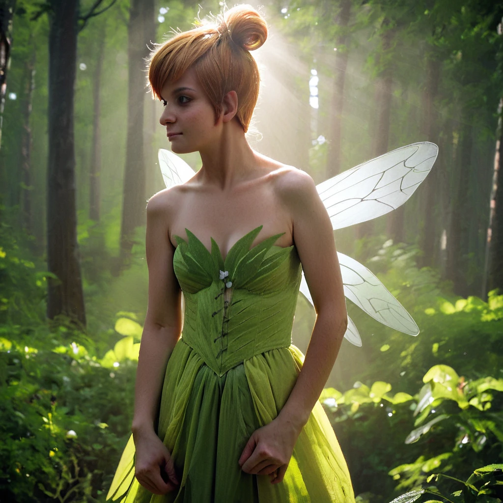 score_9, score_8, 1girl, solo, Tinkerbell flying through a fairy forest, dynamic lighting, fairy lights, god rays, realistic,