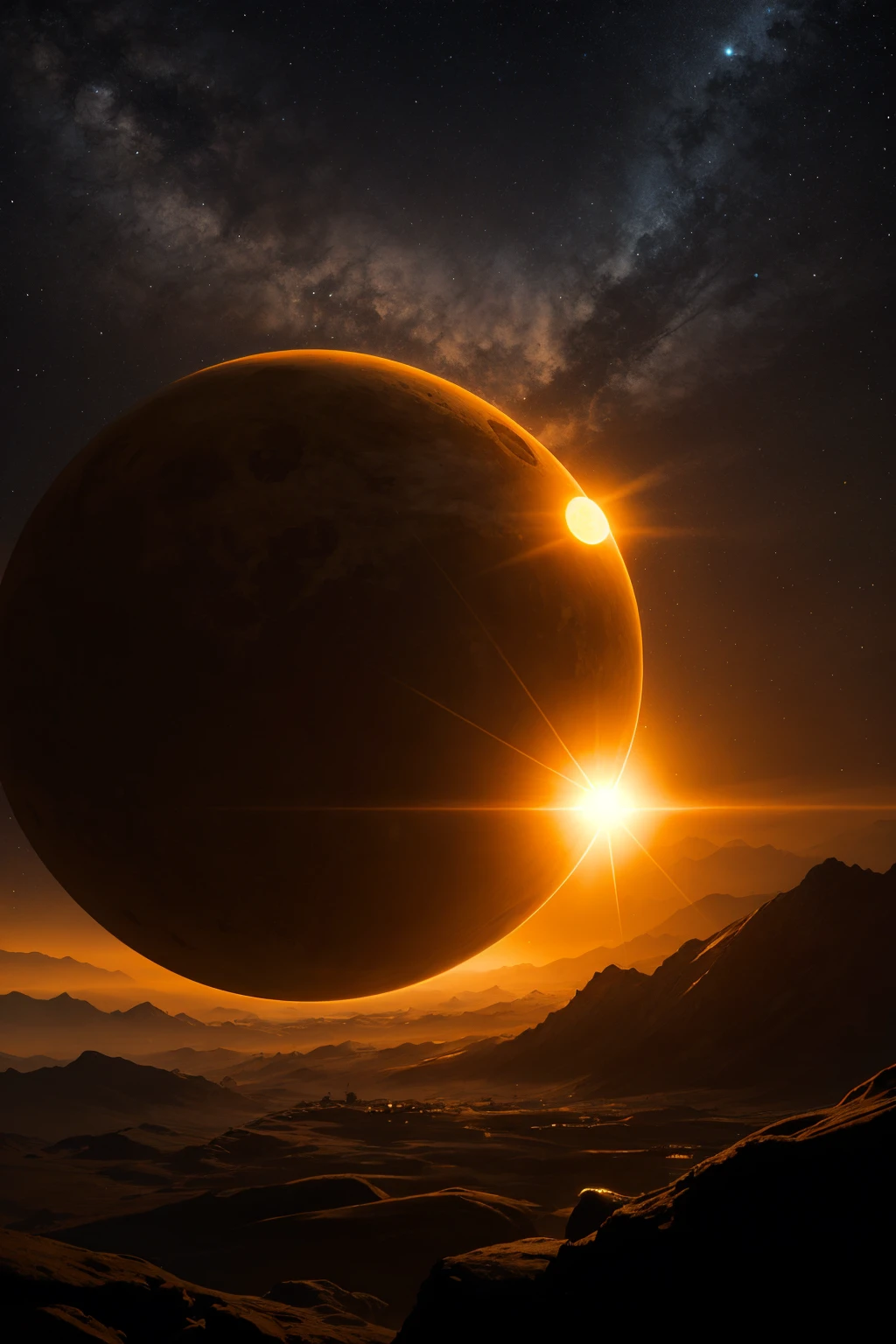 a bright sun, planet, landscape, silhouette, sun corona