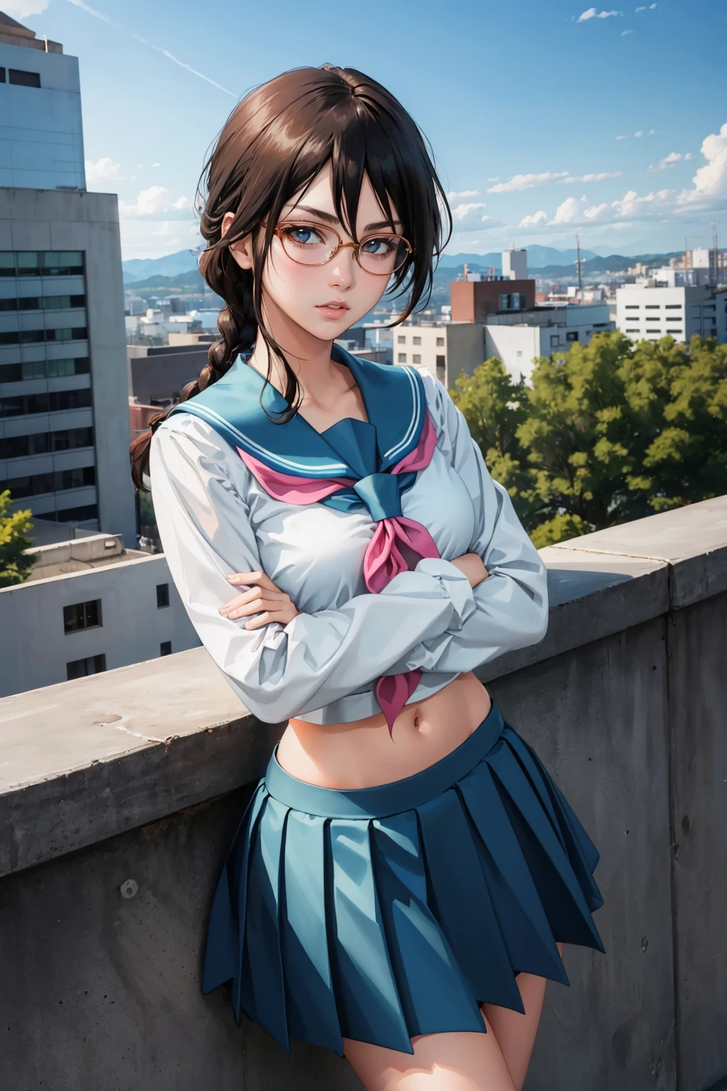 masterpiece, best quality, 1girl,  <lora:yadoumarulisa-nvwls-v1-000010:0.9> yadoumarulisa, single braid, glasses, serafuku, long sleeves, blue skirt, pleated skirt, midriff, crossed arms, looking at viewer, city, serious