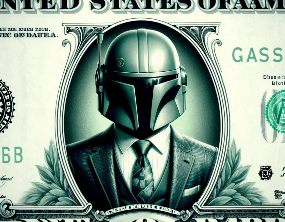 
DollaBill, digital painting of The Mandalorian, wearing a suit and tie, framed by an ornate border, on top of a $ 100 bill. watermark. pg13 _ rating