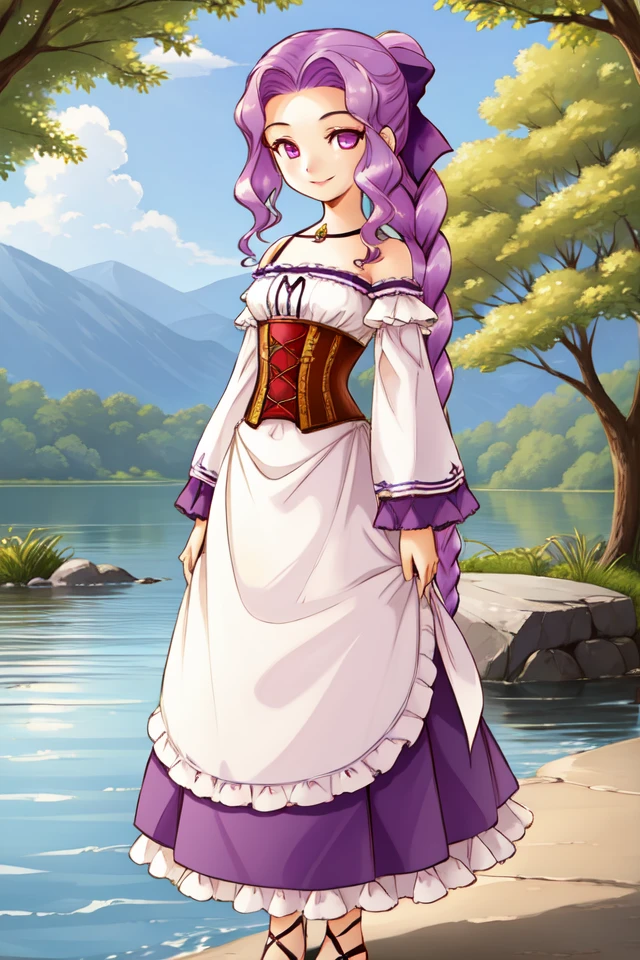 1 girl, outdoors, forest, lake, standing, smile,
 <lora:Harvest_Moon_Hero_of_Leaf_Valley_-_Marina:0.5> holvmarina, purple hair, long hair, wavy hair, braided ponytail, purple eyes,
hair bow, corset, detached sleeves, bare shoulders, long skirt, purple skirt,