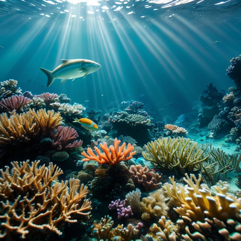 ((high details, high quality)), (natural appearance, skin imperfections), (professional photography, ultra realistic, soft light rays, translucent diffused light, oil melting, HDR). The underwater world. The depths of the ocean with fantastic sea creatures, underwater cities and coral reefs.