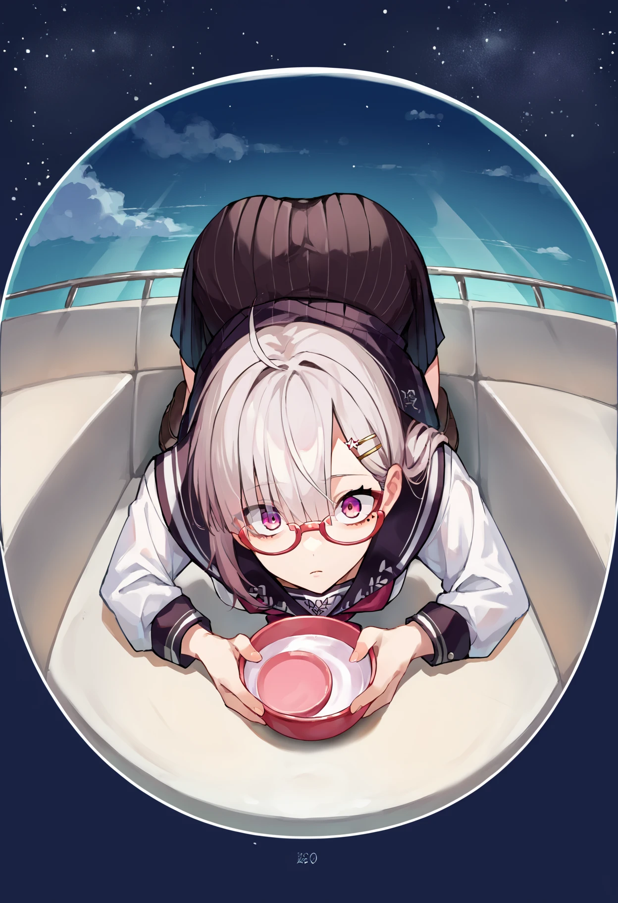 score_9, score_8_up, score_7_up, uncensored, source_anime, 1girl, <lora:spsukoyaKanaXLPony-000003:1> sukoya3rd, mole under eye, x hair ornament, hairclip, school uniform, white shirt, black sailor collar, serafuku, black skirt, glasses, bent over, cellphone, expressionless, holding, holding bowl, holding cup, legs apart, solo, floating hair, from above, full body, reflection, reflective water, sky, star (sky), starry sky, striped, shocked