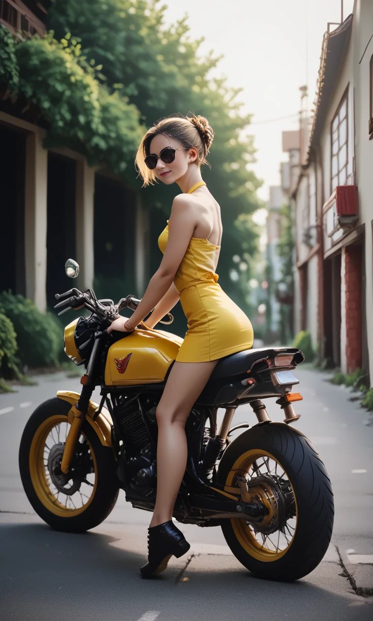 score_9, score_8_up, score_7_up, score_6_up, score_5_up, score_4_up,  sitastmo, (side  view)++++ , slim girl sitting on yellow  motorcycle , short dress  ,  (dark short wild hairstyle) 
 <lora:SitAstrideMotorCyclePony:1>