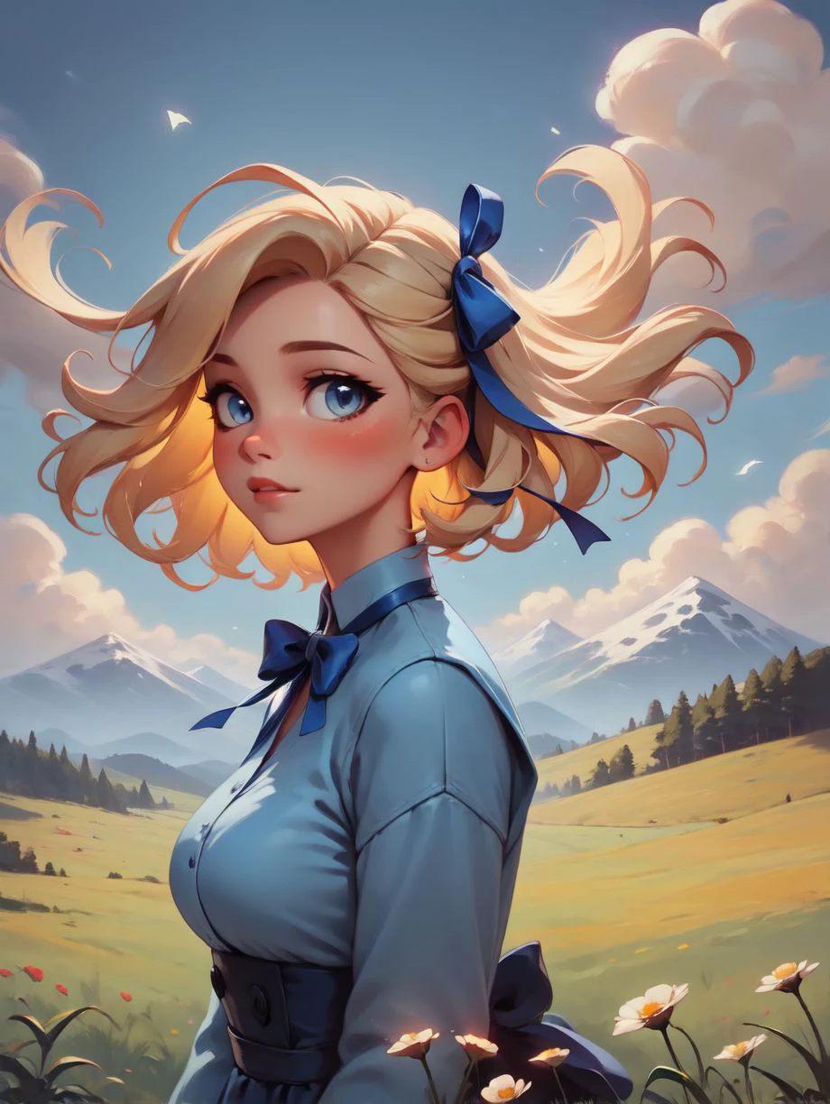 cumulonimbus cloud, birds, 1girl, blonde hair, short hair, blue eyes, wavy hair, (hair ribbon:1.2), blue dress, mid day, (portrait:1.2), flowing hair, scenery, mountains, colorful grass fields, (flowers:1.2), meadow, light particles, floating leaves, (wind:1.2), glowing particles,