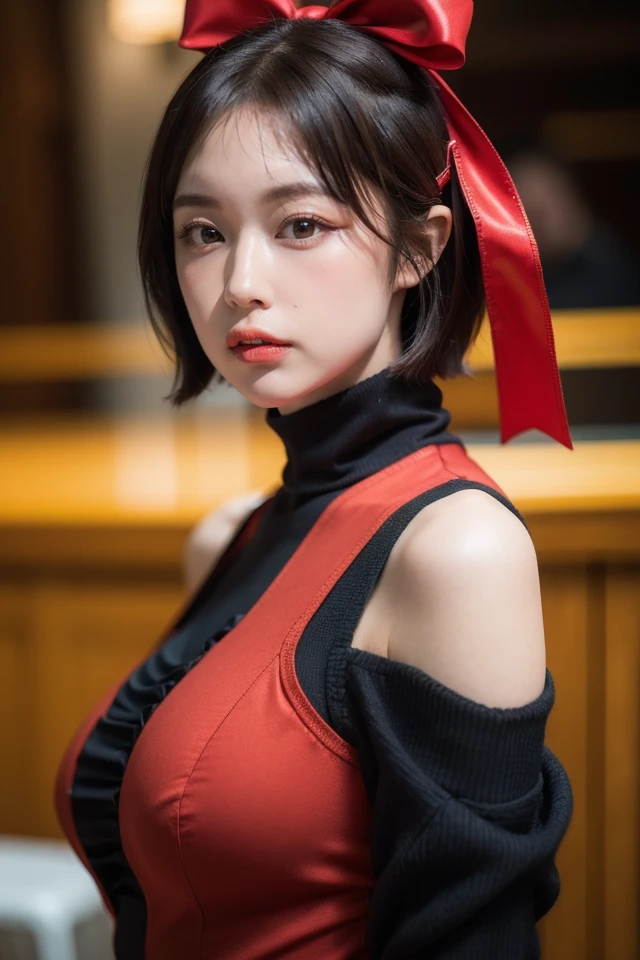1girl,solo,black hair,turtleneck,dress,red dress,gloves,short hair,ribbon,looking at viewer,hair bow,black eyes,hair ribbon,realistic,
1girl,best quality,masterpiece,illustration,CG,unity,8k wallpaper,Amazing,finely detail,masterpiece,official art,incredibly absurdres,huge filesize,ultra-detailed,highres,extremely detailed,realistic,,<lora:Naenano_20240604205718:0.8>