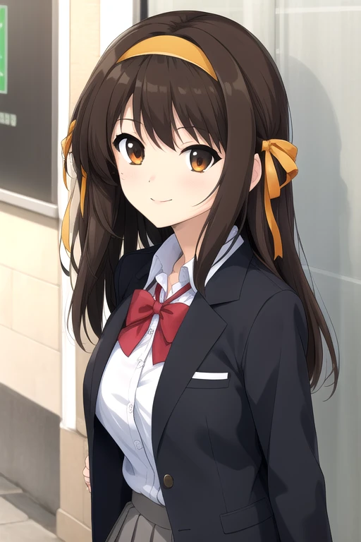 ((masterpiece)),(best quality),official art,extremely delicate and beautiful,extremely detailed CG,unity 8k wallpaper,ultra detailed,beautiful detailed eyes,extremely detailed face,outdoors,1girl,solo,upper body,(portrait:1.5),looking at viewer,facing viewer,smile,Suzumiya Haruhi,official alternate hairstyle,very long hair,brown hair,hair intakes,orange hairband,hair ribbon,orange ribbon,hair bow,orange bow,sidelocks,bangs,brown eyes,school uniform,black jacket,blazer,open clothes,open jacket,brown bowtie,white shirt,collared shirt,dress shirt,yellow armband,long sleeves,large breasts,skindentation,miniskirt,black skirt,pleated skirt,zettai ryouiki,black thighhighs,loafers,<lora:Suzumiya Haruhi(tmhs)>,