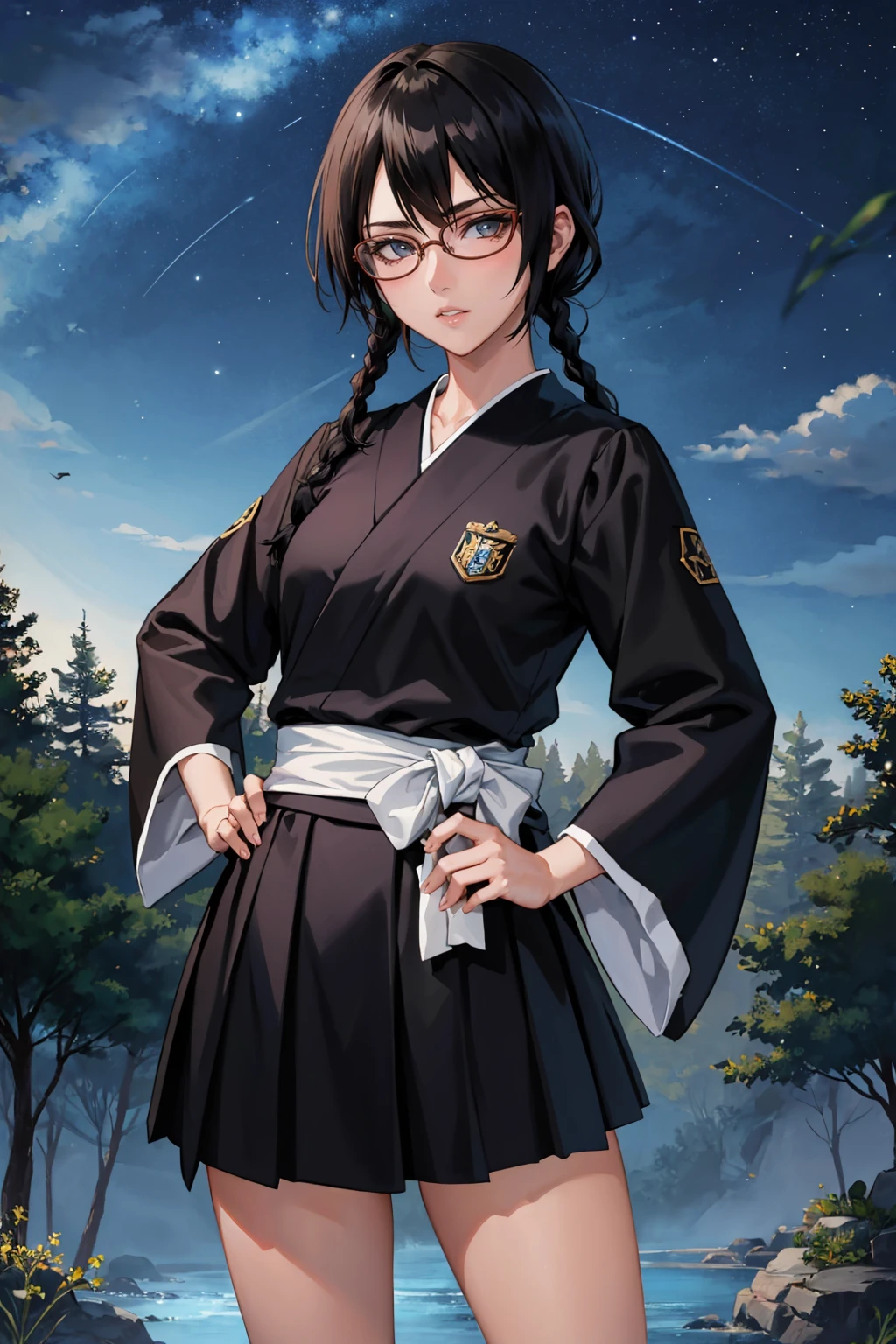 masterpiece, best quality, 1girl, <lora:yadoumarulisa-nvwls-v1-000010:0.8> yadoumarulisa, twin braids, glasses, black robes, sash, black skirt, looking at viewer, night sky, forest, hand on hip