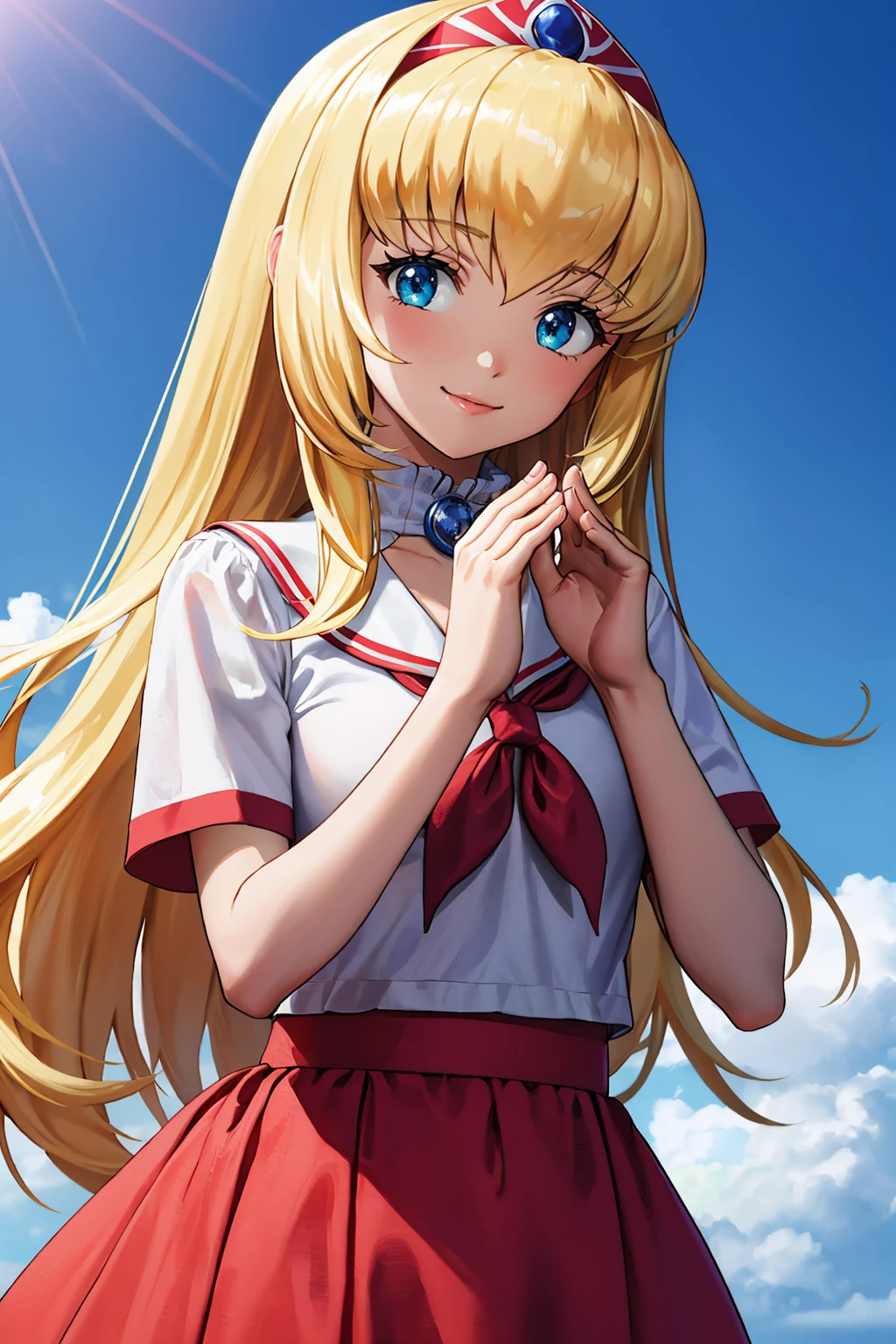 masterpiece, best quality, 1girl, <lora:alexia-nvwls-v1-000009:0.8> fenAlexia, hair ornament, white t-shirt, sailor collar, frilled skirt, blue skirt, clenched hands, hands up, smile, blue sky, looking at viewer,