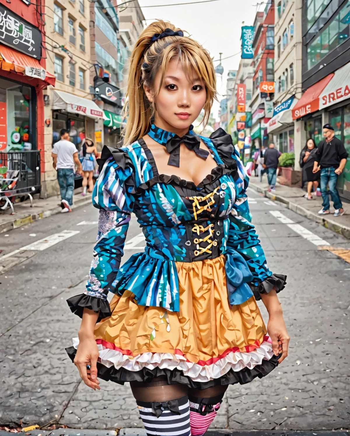 score_9, 1girl , solo focus,cowboy shot, high ponytail,  <lora:Asuka_-_Wrestler:1> Asuka, blonde hair, asian female,  city street,  <lora:LFashionPDXL:.65> zzLFashion, frilled dress, frills, bow, dress, , pantyhose,, striped thighhighs,