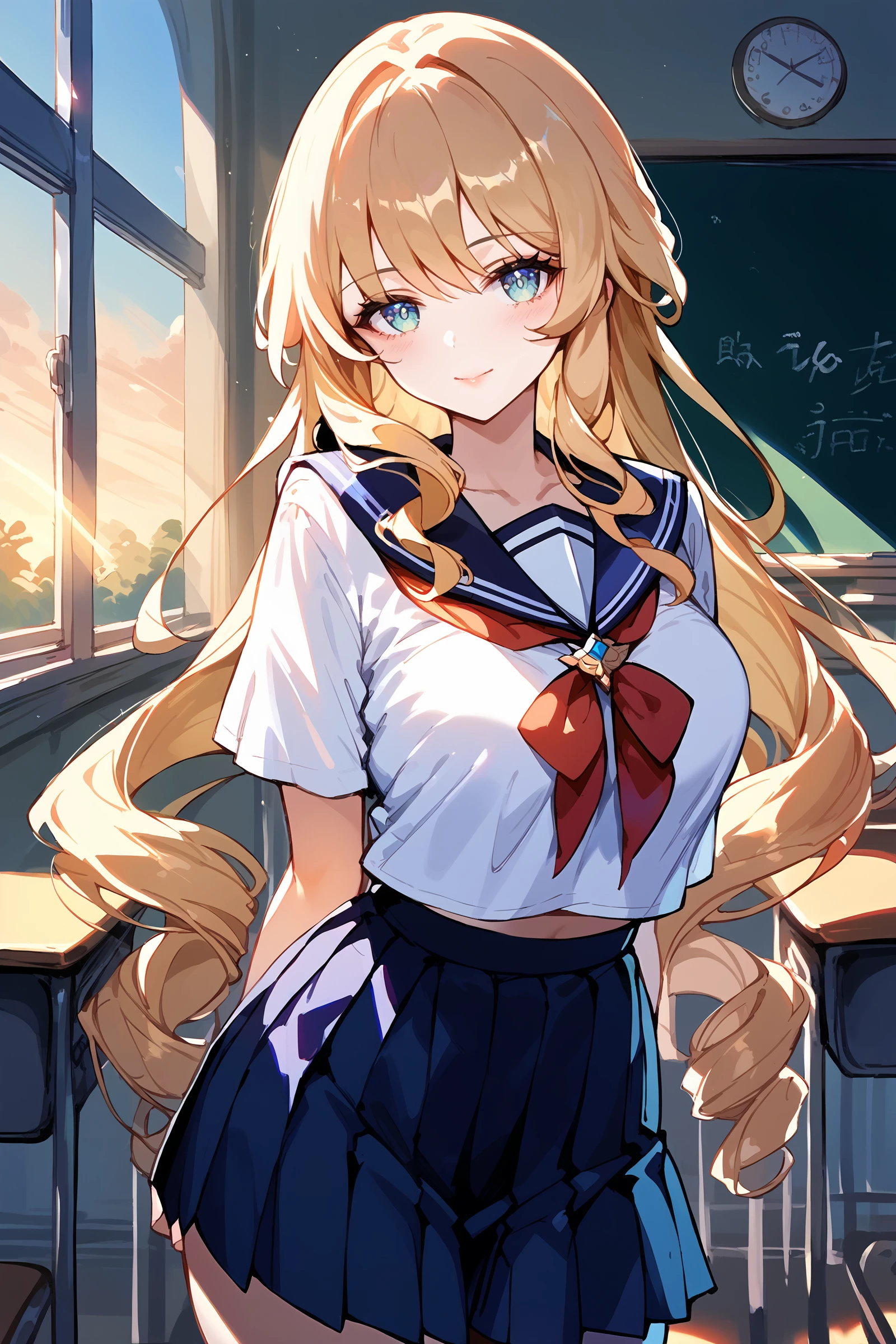 Girl in a sailor suit Pleated skirt mini skirt Beautiful long blonde hair classroom Tears are overflowing from my eyes Embarrassing vibrator in thighhighs thighvibe