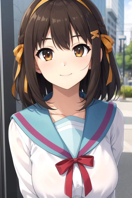 ((masterpiece)),(best quality),official art,extremely delicate and beautiful,extremely detailed CG,unity 8k wallpaper,ultra detailed,beautiful detailed eyes,extremely detailed face,outdoors,1girl,solo,upper body,(portrait:1.5),looking at viewer,facing viewer,smile,Suzumiya Haruhi,medium hair,brown hair,hair intakes,orange hairband,hair bow,orange bow,hair ribbon,orange ribbon,hair ornament,sidelocks,diagonal bangs,brown eyes,kita high school uniform,collarbone,blue sailor collar,serafuku,neck ribbon,red ribbon,red bow,white shirt,long sleeves,large breasts,skindentation,shirt tucked in,miniskirt,blue skirt,zettai ryouiki,black thighhighs,loafers,<lora:Suzumiya Haruhi(tmhs):0.8>,