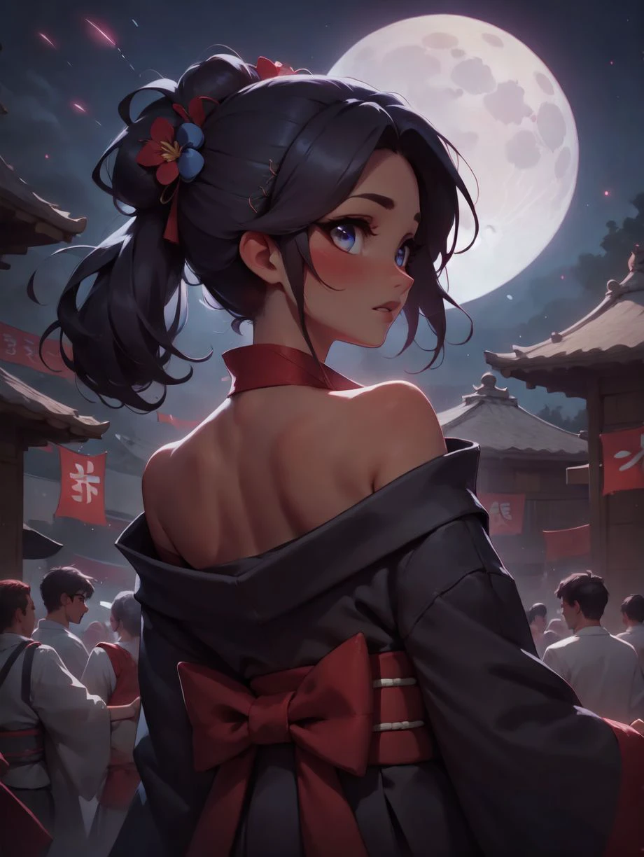 1girl, kimono, off shoulder, looking back, twisted torso, moon,fireworks festival, summer festival, updo, mood lighting, glowing eyes, cinematic lighting, backlighting, epic, light particles, strapless, dim lighting,<lora:backFrontLight_slider_v10:-2>
