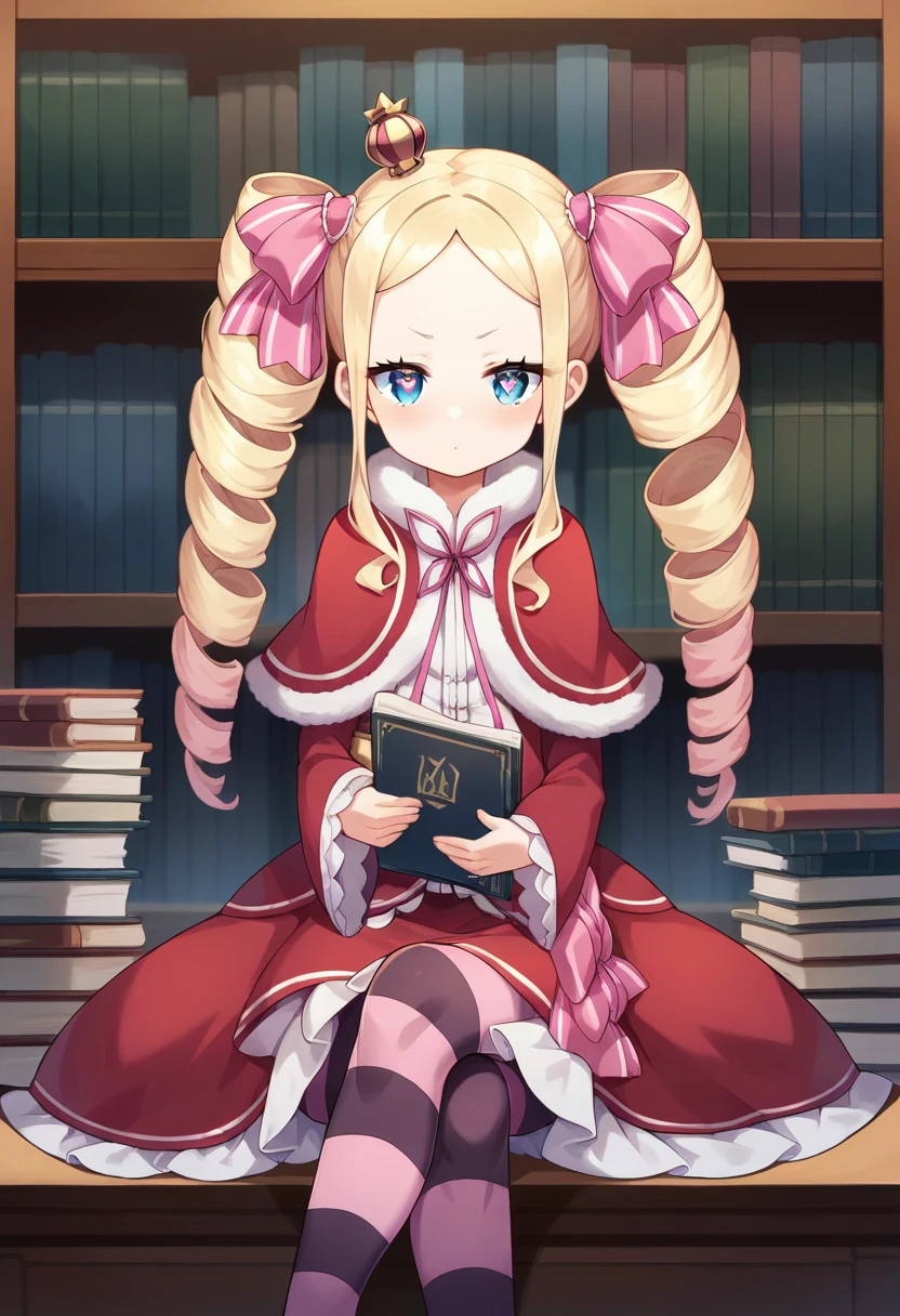 score_9, score_8_up, score_7_up, source_anime, masterpiece,1girl, beatricezero, red capelet, red dress, fur trim, frills, frilled dress, frilled sleeves, pom pom \(clothes\), neck ribbon, striped pantyhose, symbol-shaped pupils, looking at viewer, sitting, crossed legs, hands on lap book, library, reading, <lora:BeatricePONYct:0.8>