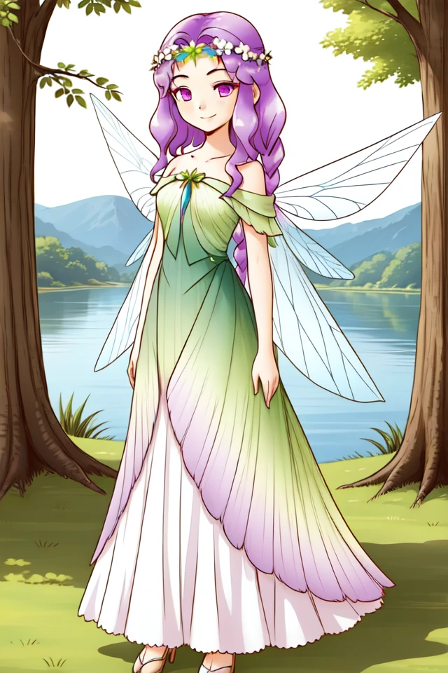 1 girl, outdoors, forest, lake, standing, smile,
 <lora:Harvest_Moon_Hero_of_Leaf_Valley_-_Marina:0.5> holvmarina, purple hair, long hair, wavy hair, braided ponytail, purple eyes,
fairy wings, long dress, green dress, leaf dress, bare shoulders, laurels, head wreath,