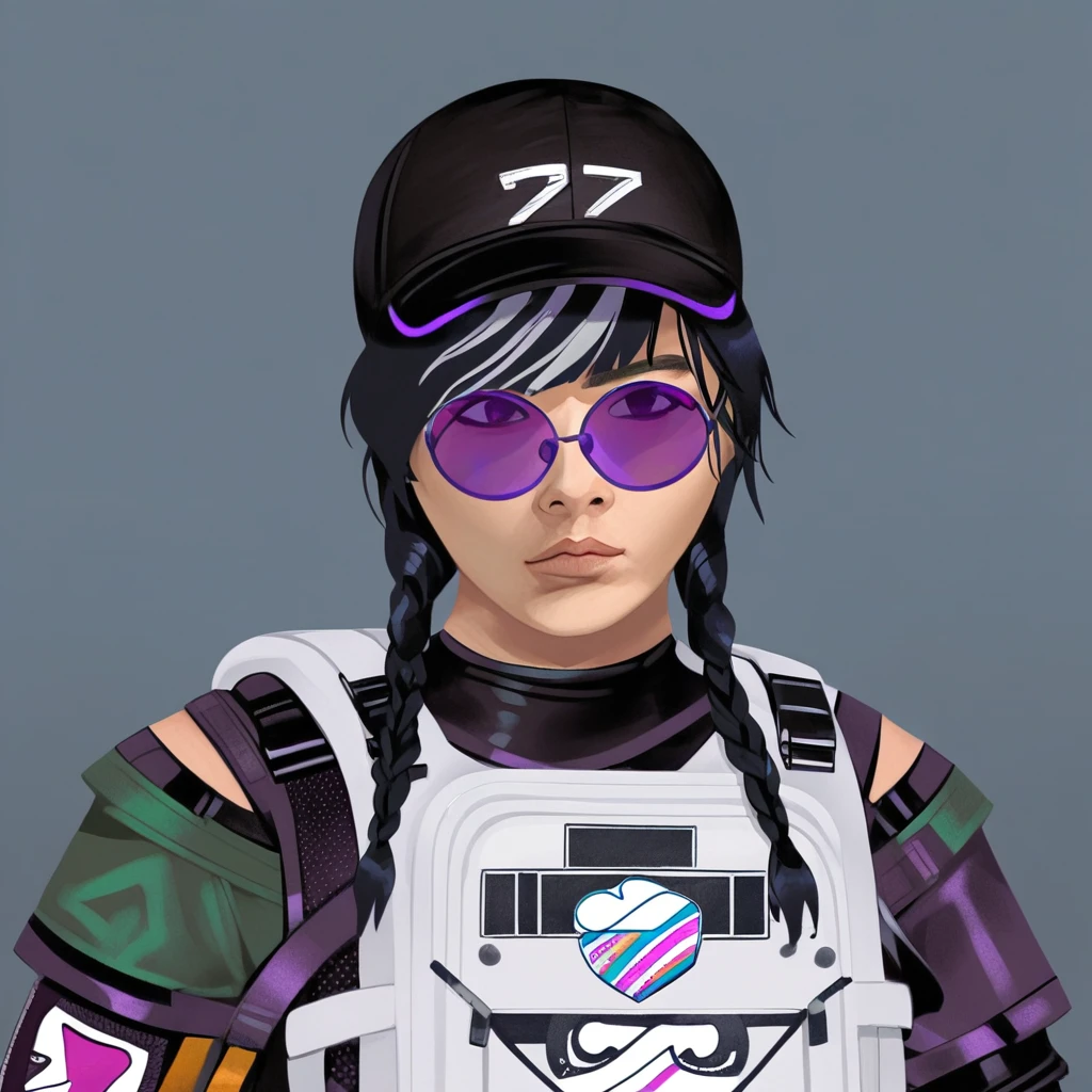 dokkaebi,dokkaebi \(rainbow six siege\), dokkaebi elite \(rainbow six siege\), 1girl,solo,bangs,black hair,gloves,hat,upper body,braid,glasses,bag,armor,twin braids,black headwear,sunglasses,backpack,baseball cap,breastplate,round eyewear,tinted eyewear,purple-tinted eyewear