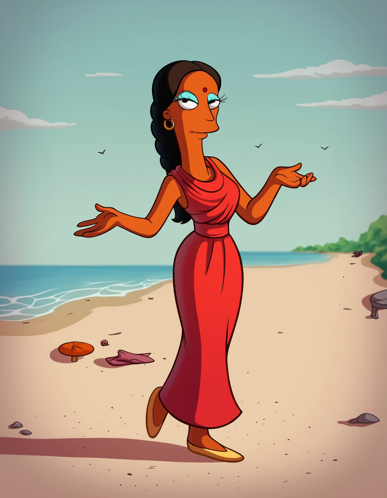 score_9, score_8_up, score_7_up, score_6_up, score_5_up, score_4_up,  
source: illustration,Manjula,Simpsons, expressive, full body,seductive, beautiful,wearing a red indian dress, pretty,at a beach, outside,black hair,brown fur, highly detailed, intricate details, digital art, perfect anatomy, perfect proportions, 4k, (dynamic pose:1.25),