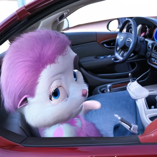 (masterpiece, best quality, absurdres, good face, good anatomy), <lora:Bibble-10:0.8>, <lora:MX5NA-v1.0:0.8>, Bibble, 1boy, male focus, furry, furry male, small, blue eyes, blue fur, short purple hair, creature, purple polka dot fur, solo, wings, car, vehicle, driving, steering wheel, motor vehicle, MX5NA, centered, barbie s, barbie \(franchise\), simple background, white background, humans
