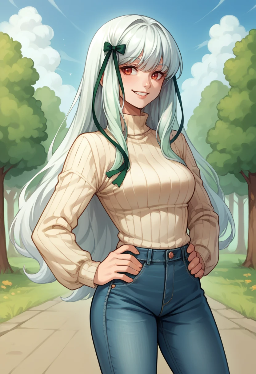 score_9, score_8_up, source_anime, 1girl, solo, SophiaAscart, white hair, long hair, green hair ribbon, outdoors, sweater, ribbed sweater, jeans, hands on hips, smile, <lora:ChamSophiaAscartPonyXL:1>