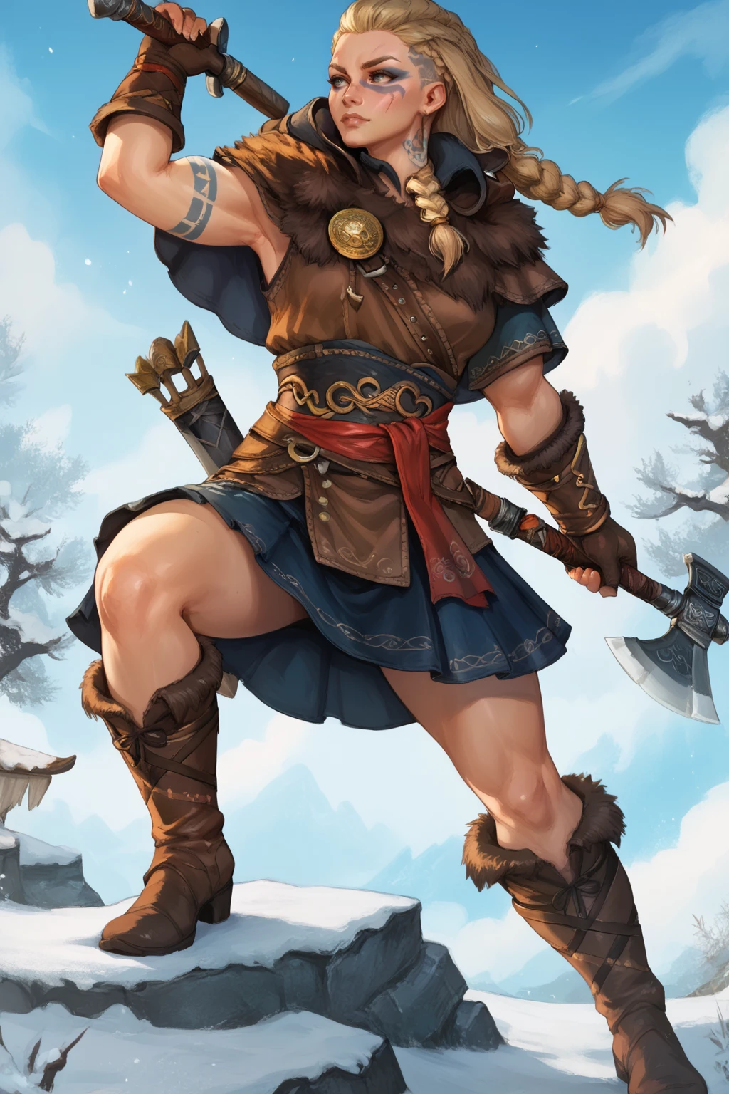 score_9, score_8_up, score_7_up, masterpiece, high quality, BREAK
<lora:AC Valhalla EivorPonyLoRAPonyLoRA:1>eivr, long hair, braid, hair over shoulder, undercut, scar on face, capelet, fur trim, gloves, belt, top, skirt, sash, pants, boots, arrow (projectile), weapon, facepaint, bow (weapon), sword, knife, sheath, axe, tattoo