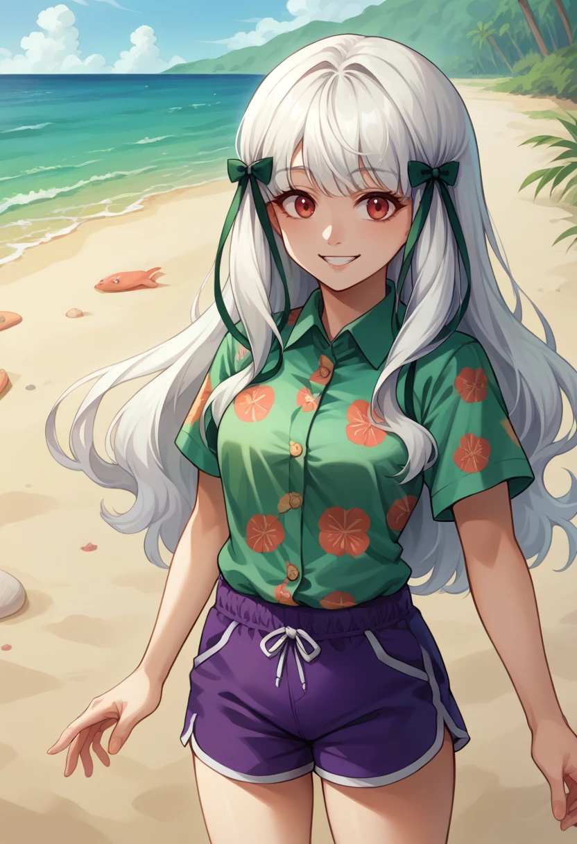 score_9, score_8_up, source_anime, 1girl, solo, SophiaAscart, white hair, long hair, green hair ribbon, hawaiian shirt, dress shirt, multicolored shirt, purple shorts, dolphin shorts, smile, outdoors, beach, <lora:ChamSophiaAscartPonyXL:1>