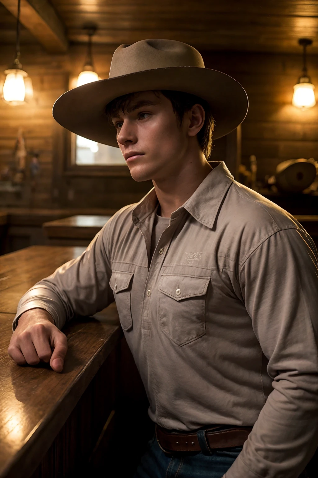 <lora:DavidLaid(Dav1dLaid):1> (Dav1dLaid) 19 years old, upper body shot, young cowboy, ((rugged cowboy clothing)), (old west saloon background, leaning against an old wooden bar), skin imperfections, skin pores, (side view, eyes glaring at the viewer), ((Stetson cowboy hat)), closeup of face, (film grain, ultra-detailed skin), cinematic, volumetric fog, smokey saloon, photorealistic detail