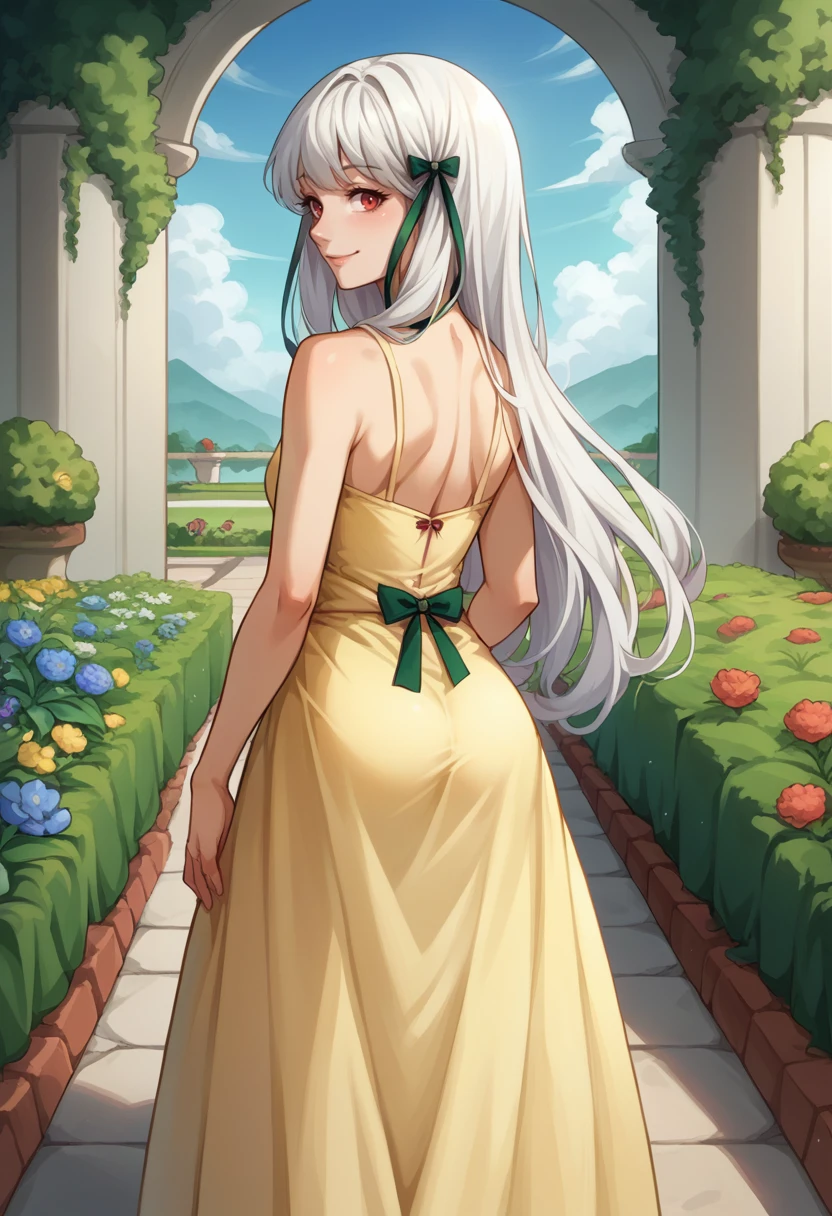score_9, score_8_up, source_anime, 1girl, solo, SophiaAscart, white hair, long hair, green hair ribbon, from behind, yellow sundress, garden, day, sunshine, smile, looking back, <lora:ChamSophiaAscartPonyXL:1>