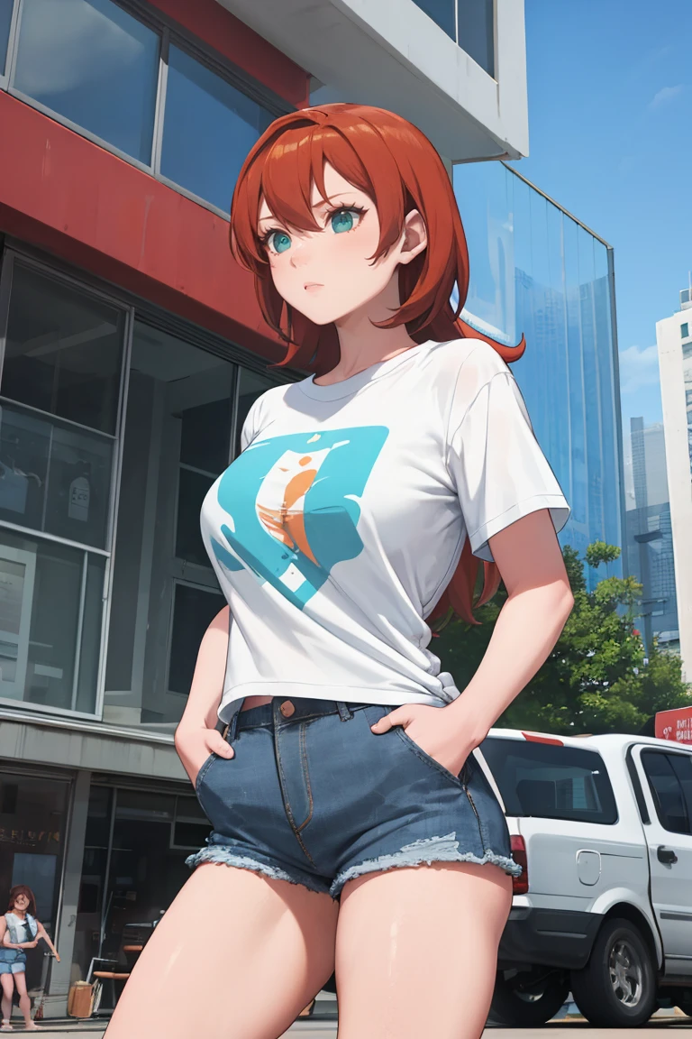 masterpiece, best quality, absurdres, 1girl, solo, RiimuStream, orange hair, aqua eyes, t-shirt, denim shorts, standing, outdoors, city, hands in pockets, <lora:RiimuStream:1>