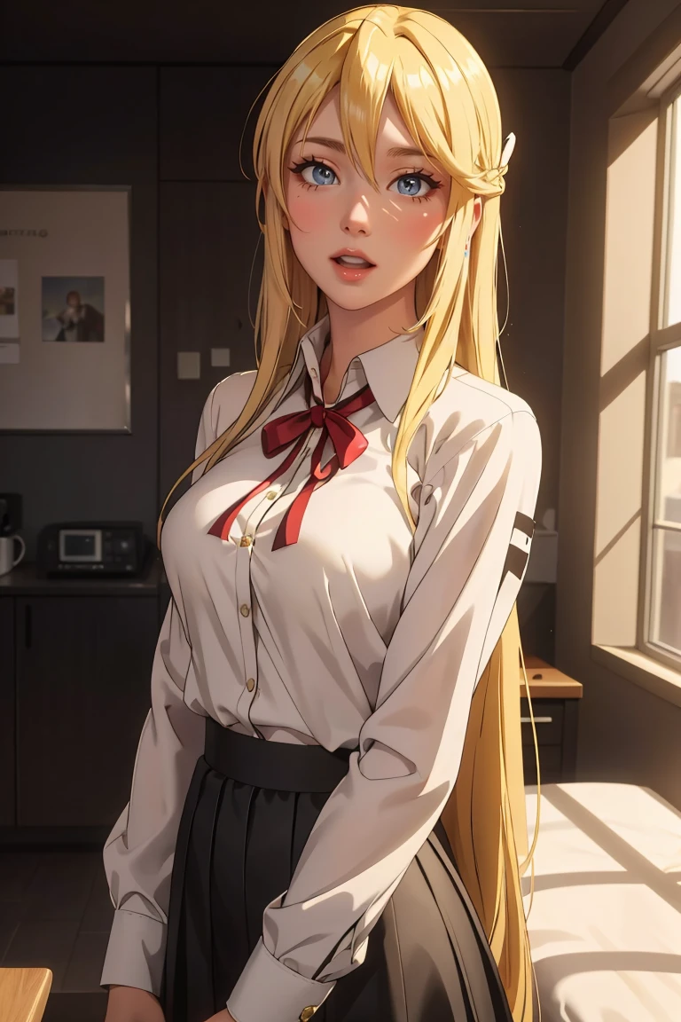 masterpiece, best quality, Ray tracing, hdr, volumetric lighting,
 <lora:ShizukaMarikawa_HighSchoolOfTheDead_FefaAIart:0.8>,shizuka marikawa, long hair, blonde hair, very long hair, yellow eyes, hair between eyes,
skirt, shirt, long sleeves, ribbon, white shirt,
<lora:Ahegao_RollingEyes_FefaAIart:0.6>, ahegao, rolling eyes, cross-eyed,
 open mouth, tongue out, naughty face,