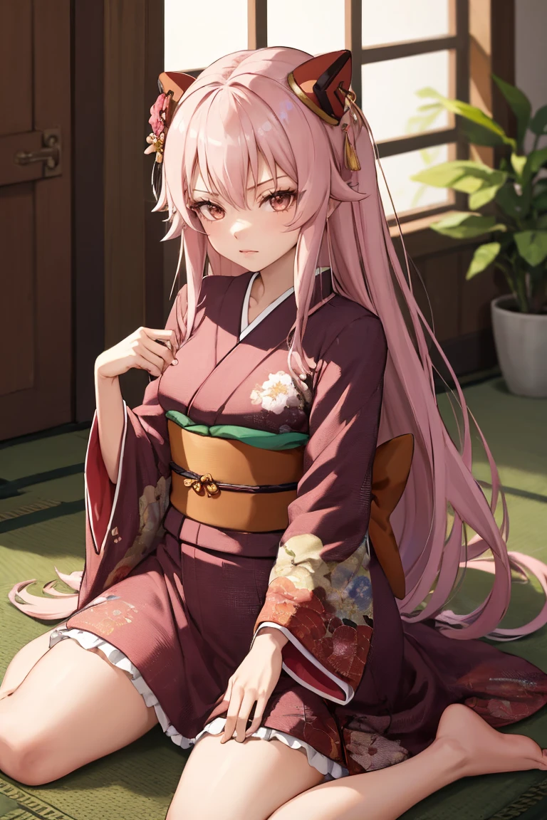 masterpiece, best quality, absurdres, 1girl, solo, ArayaEndo, long hair, hairpods, indoors, kimono, hair flower, floral print, wariza, kneeling, <lora:ArayaEndo:1>