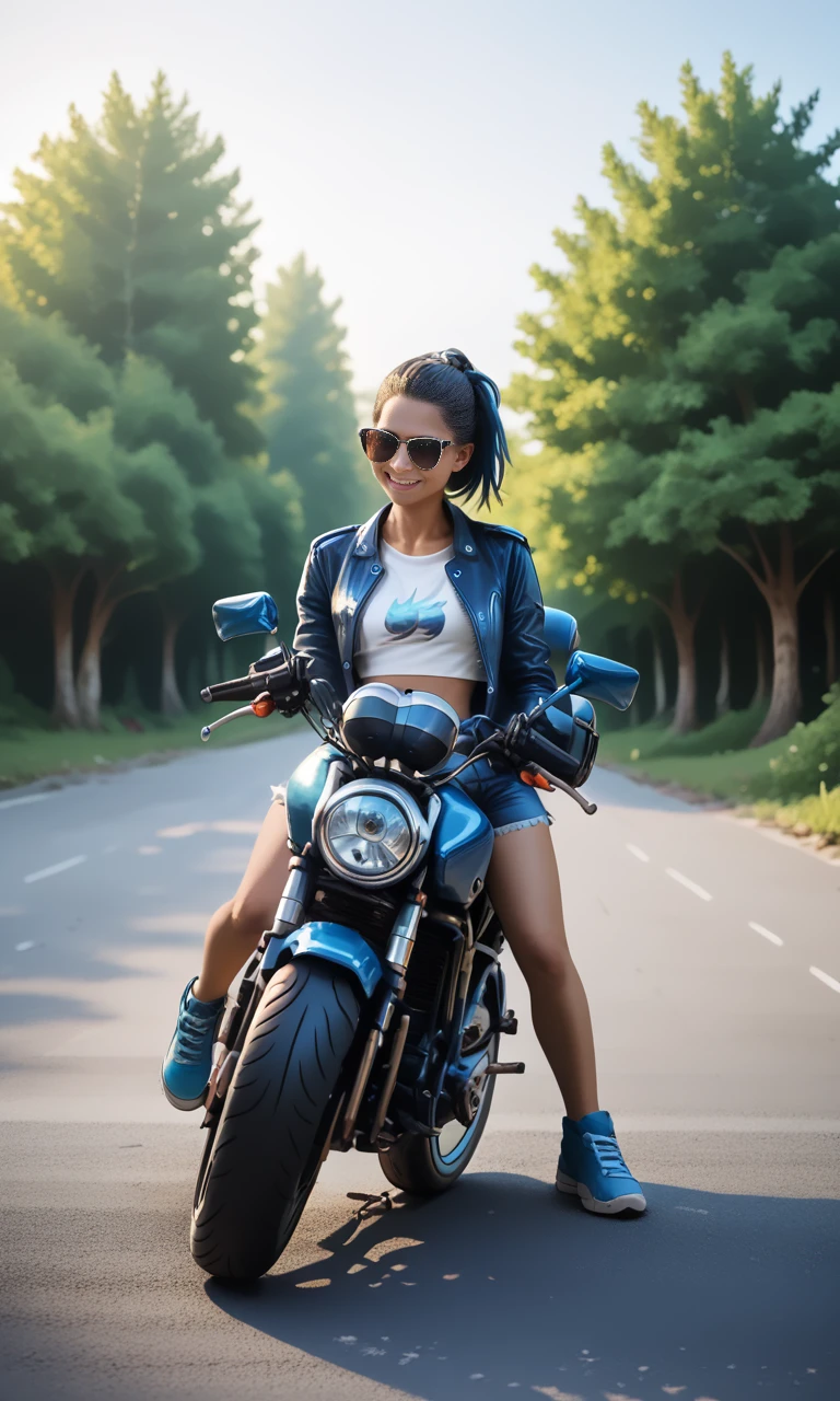 score_9, score_8_up, score_7_up, score_6_up, score_5_up, score_4_up,  sitastmo, (front  view)++++ , slim girl sitting on blue  motorcycle , hotpants and top  ,  (dark short wild hairstyle) 
 <lora:SitAstrideMotorCyclePony:1>