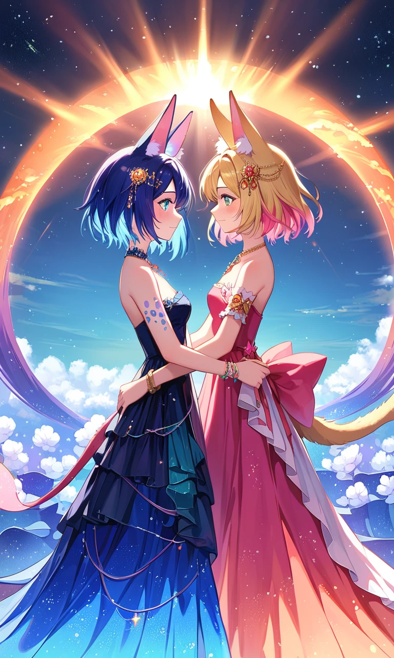(masterpiece, best quality, very aesthetic, ultra detailed), score_9, score_8_up, score_7_up, (2girls) in dress, animal ears, short hair, colored hair, blush, jewelry,bracelet,glowing,necklace, supernatural and quixotic structures,jagged rock formations,biomorphic,nebula,ethereal,dappled light,black,teal,purple, sunlight, outdoors, detailed, intricate, absurdres, <lora:绪å¿XL ä¸è·¯æµå
è£ XUER Silk Road glowing dress:1>, XUER Silk Road glowing dress, <lora:MJ52:0.7>